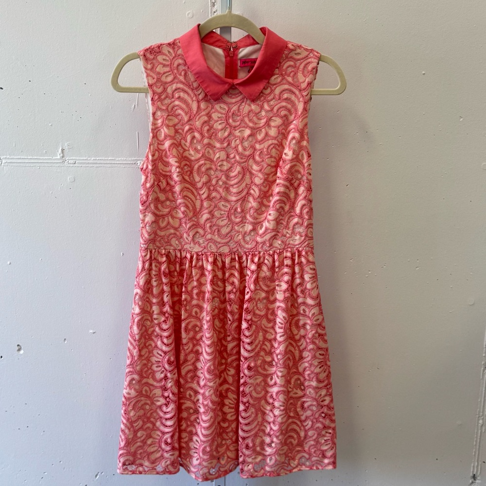 🍁 Betsey Johnson Pink Lace Lined Peter Pan Collared Dress Womens Size 6